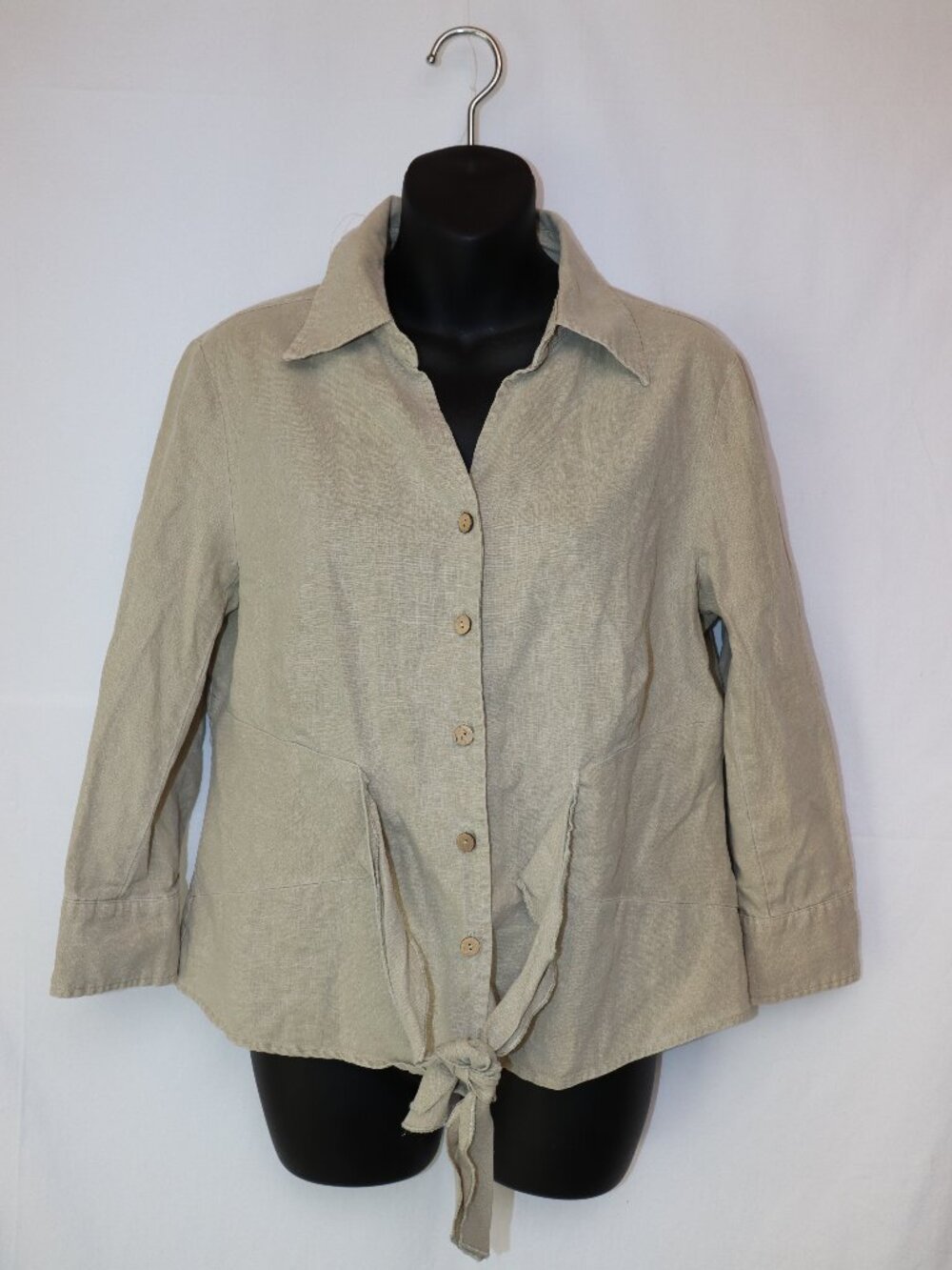 Simply Yours Linen Blend Tie-Front Button Shirt | Women's Medium | Sage Green